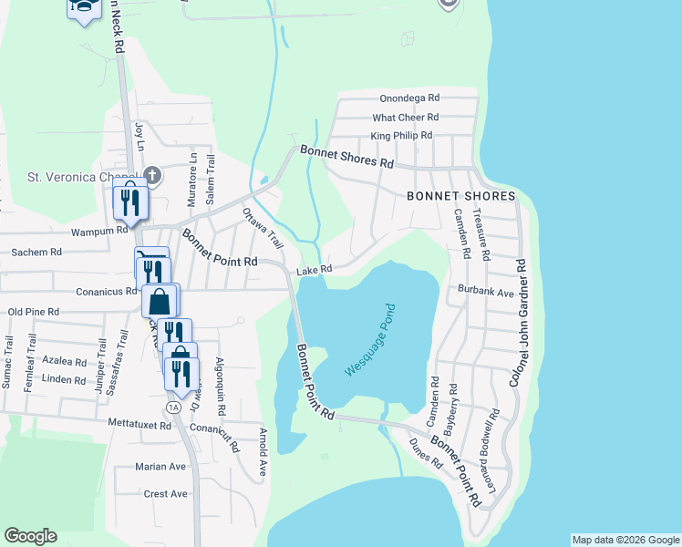map of restaurants, bars, coffee shops, grocery stores, and more near 31 Lake Road in Narragansett