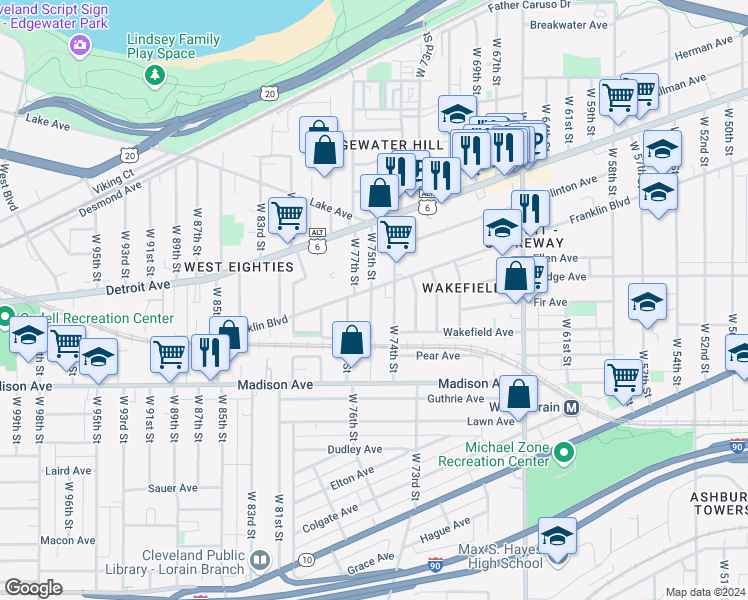 map of restaurants, bars, coffee shops, grocery stores, and more near 1899 West 75th Street in Cleveland