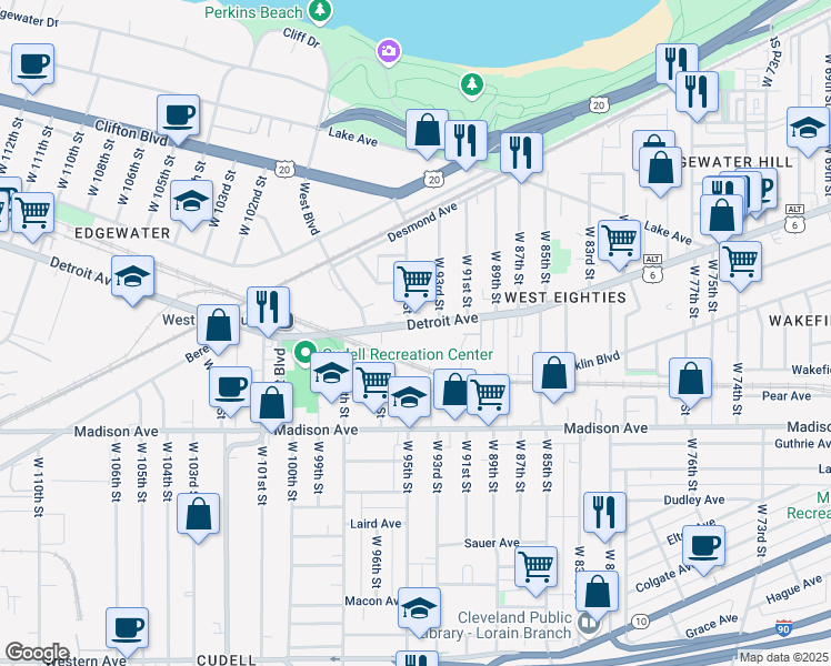 map of restaurants, bars, coffee shops, grocery stores, and more near in Cleveland