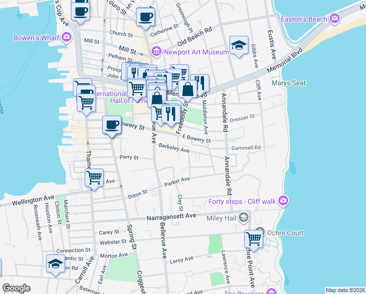 map of restaurants, bars, coffee shops, grocery stores, and more near 27 Berkeley Avenue in Newport