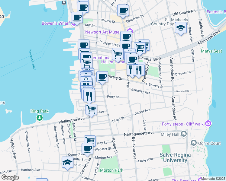 map of restaurants, bars, coffee shops, grocery stores, and more near 58 Perry Street in Newport