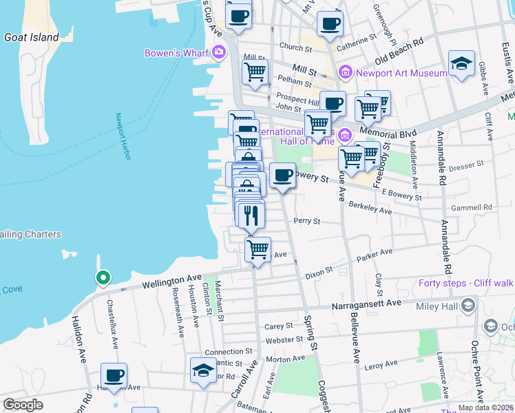 map of restaurants, bars, coffee shops, grocery stores, and more near 501 Thames Street in Newport
