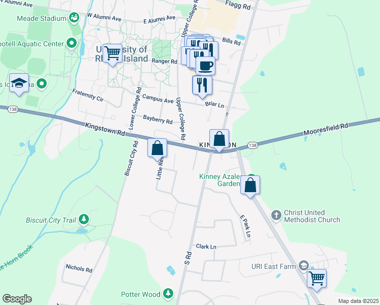 map of restaurants, bars, coffee shops, grocery stores, and more near 35 Potter Lane in South Kingstown