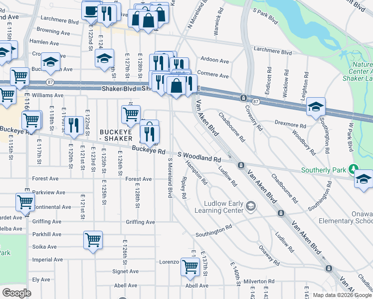 map of restaurants, bars, coffee shops, grocery stores, and more near 2910 Hampton Road in Cleveland