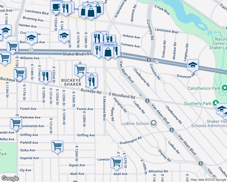 map of restaurants, bars, coffee shops, grocery stores, and more near 2910 Hampton Road in Cleveland