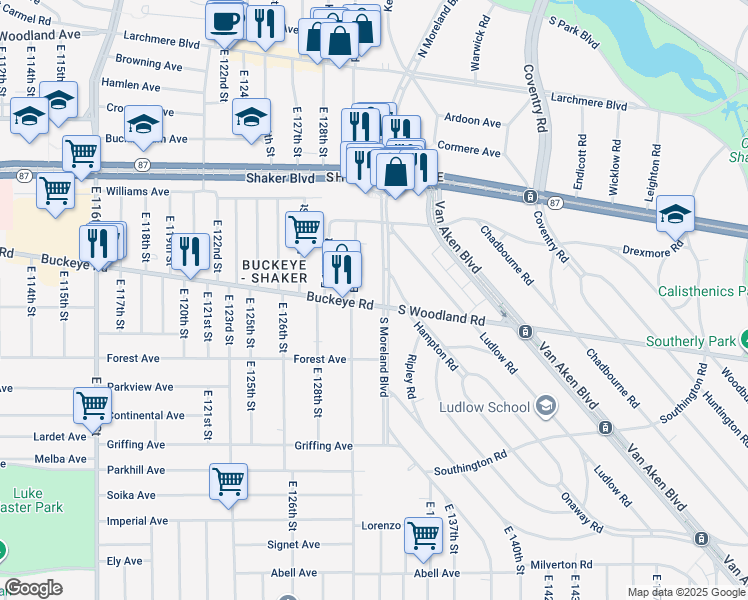 map of restaurants, bars, coffee shops, grocery stores, and more near 13106 Buckeye Road in Cleveland
