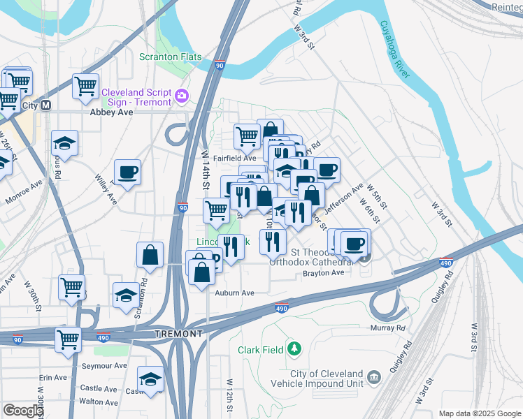 map of restaurants, bars, coffee shops, grocery stores, and more near 1023 Kenilworth Avenue in Cleveland