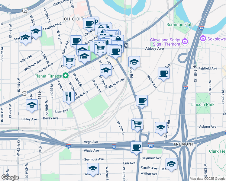 map of restaurants, bars, coffee shops, grocery stores, and more near 2828 York Avenue in Cleveland