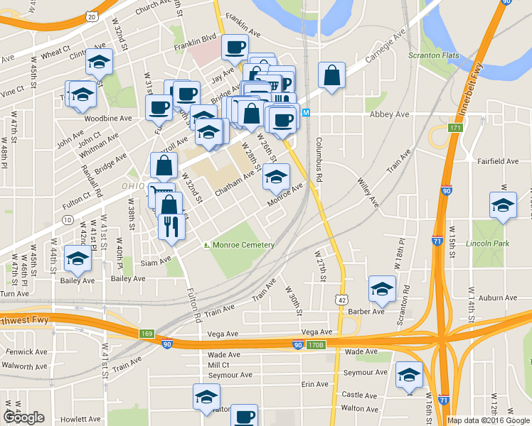 map of restaurants, bars, coffee shops, grocery stores, and more near 2828 York Avenue in Cleveland