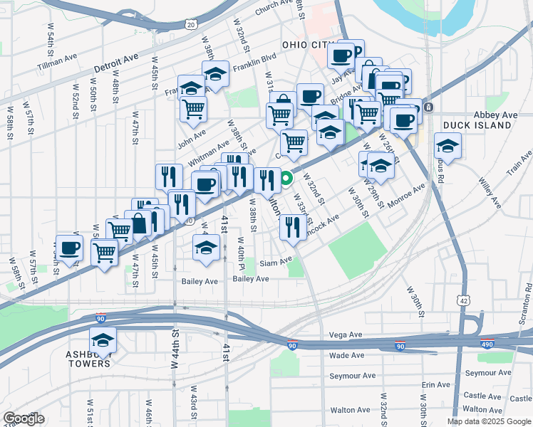 map of restaurants, bars, coffee shops, grocery stores, and more near 2106 Fulton Road in Cleveland