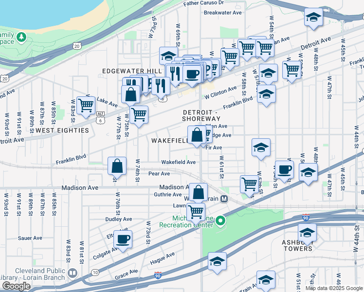 map of restaurants, bars, coffee shops, grocery stores, and more near 6711 Fir Avenue in Cleveland