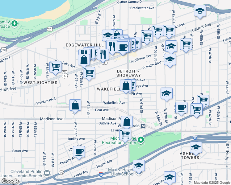 map of restaurants, bars, coffee shops, grocery stores, and more near 6711 Fir Avenue in Cleveland