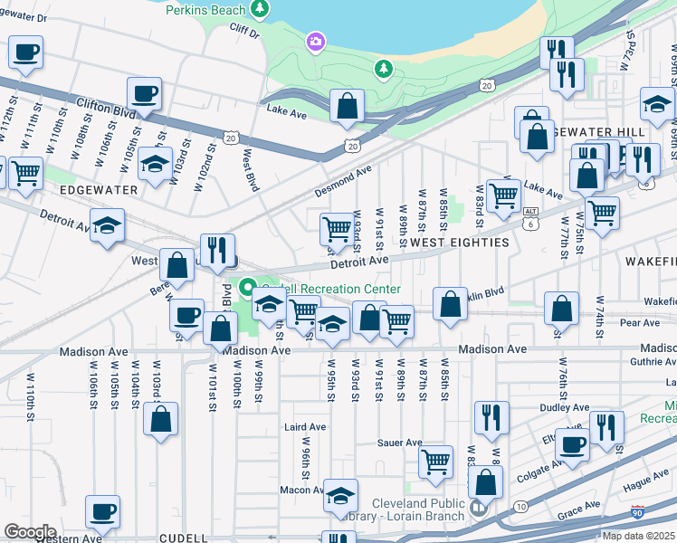 map of restaurants, bars, coffee shops, grocery stores, and more near in Cleveland