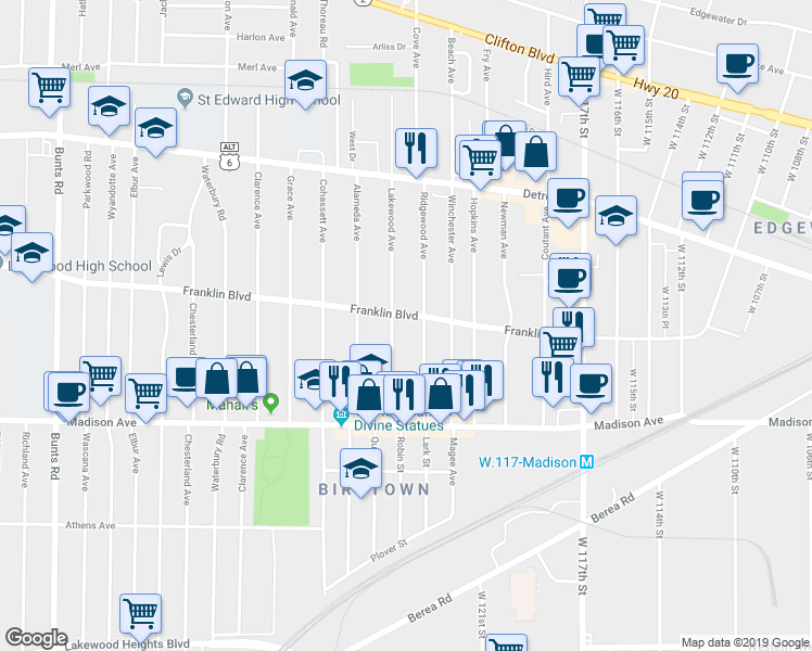 map of restaurants, bars, coffee shops, grocery stores, and more near 1566 Ridgewood Avenue in Lakewood