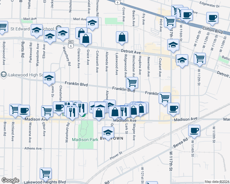 map of restaurants, bars, coffee shops, grocery stores, and more near 1573 Alameda Avenue in Lakewood