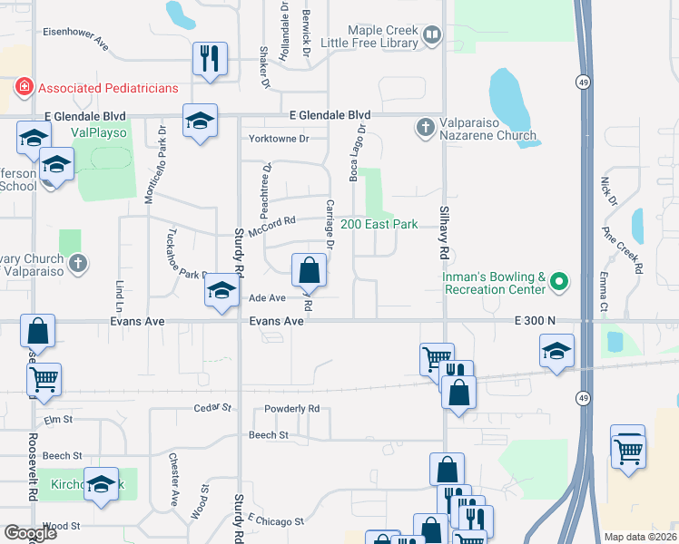 map of restaurants, bars, coffee shops, grocery stores, and more near 1203 Cortland Drive in Valparaiso