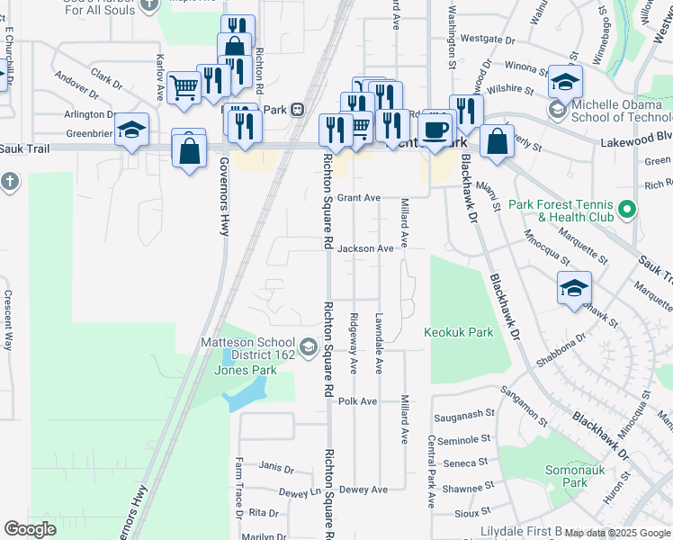 map of restaurants, bars, coffee shops, grocery stores, and more near 22521 Richton Square Road in Richton Park