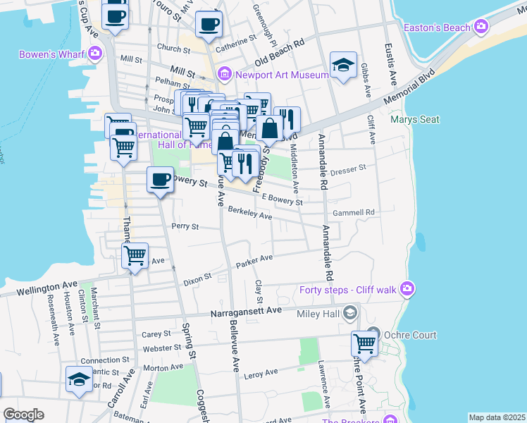 map of restaurants, bars, coffee shops, grocery stores, and more near 27 Berkeley Avenue in Newport