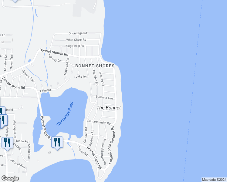 map of restaurants, bars, coffee shops, grocery stores, and more near 127 Colonel John Gardner Road in Narragansett
