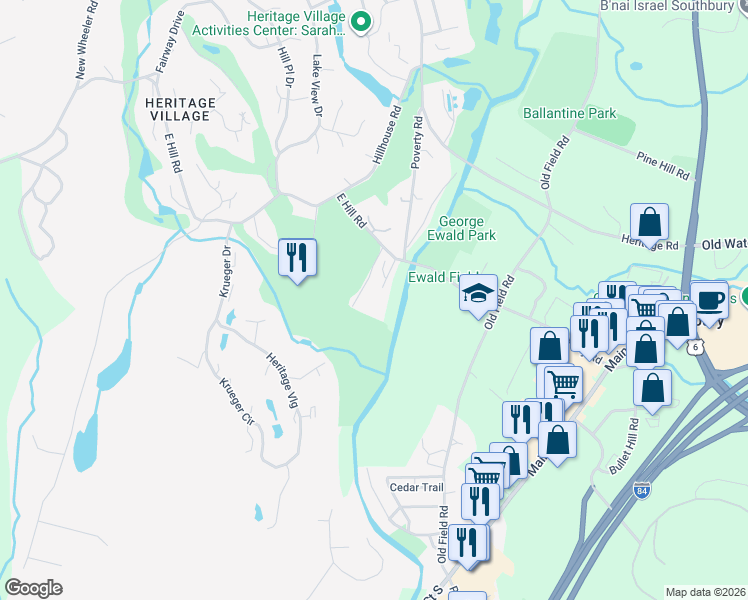 map of restaurants, bars, coffee shops, grocery stores, and more near 44 East Meadow Road in Southbury