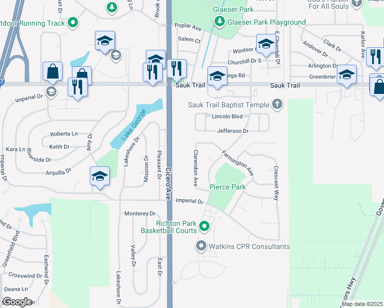 map of restaurants, bars, coffee shops, grocery stores, and more near 22526 Clarendon Avenue in Richton Park