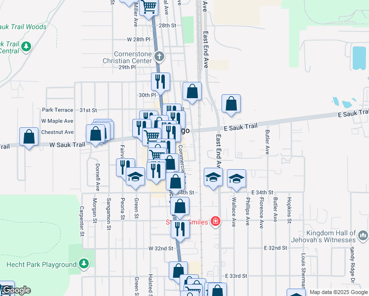 map of restaurants, bars, coffee shops, grocery stores, and more near 3227 Commercial Avenue in Chicago Heights