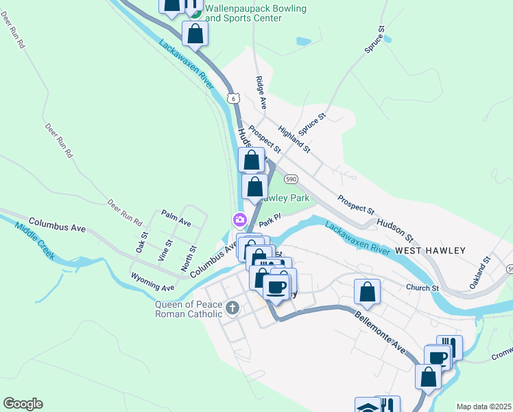 map of restaurants, bars, coffee shops, grocery stores, and more near 300 Park Place in Hawley