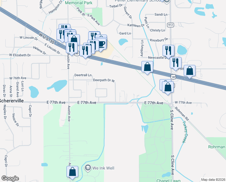 map of restaurants, bars, coffee shops, grocery stores, and more near 2329 Deerpath Drive West in Schererville