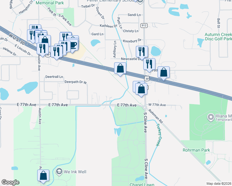 map of restaurants, bars, coffee shops, grocery stores, and more near 610 East 77th Avenue in Schererville