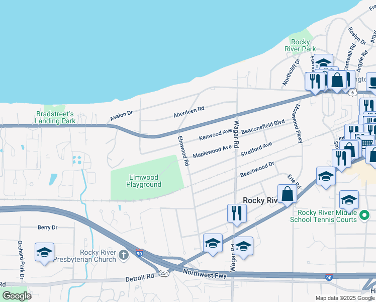 map of restaurants, bars, coffee shops, grocery stores, and more near 616 Elmwood Road in Rocky River