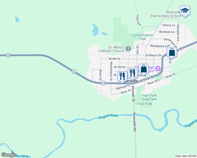 map of restaurants, bars, coffee shops, grocery stores, and more near 235-277 1st St in Riverside