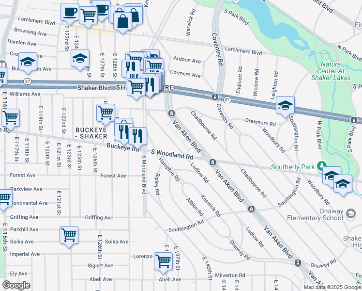 map of restaurants, bars, coffee shops, grocery stores, and more near 13415 South Woodland Road in Cleveland