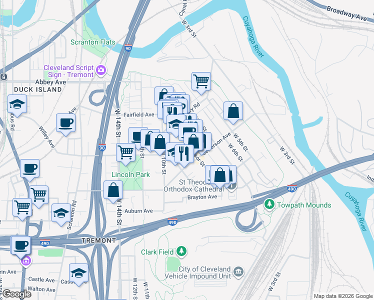 map of restaurants, bars, coffee shops, grocery stores, and more near 846 Jefferson Avenue in Cleveland
