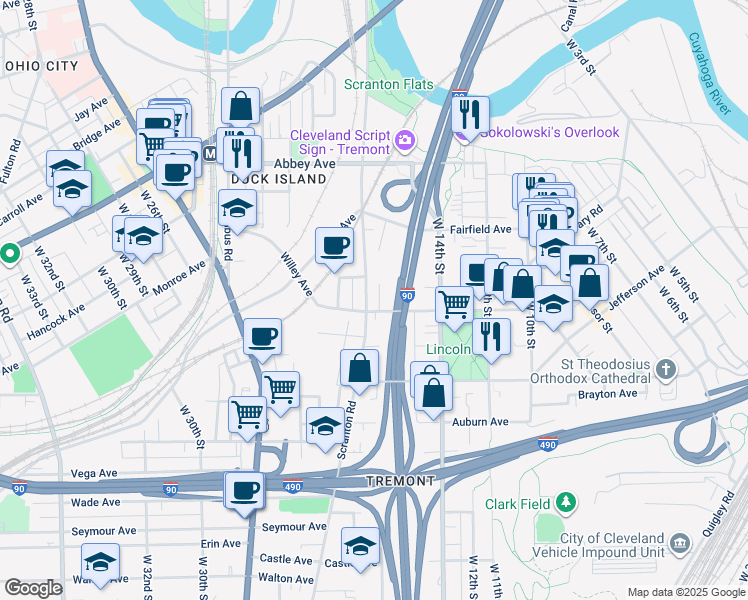 map of restaurants, bars, coffee shops, grocery stores, and more near 2401 Scranton Road in Cleveland