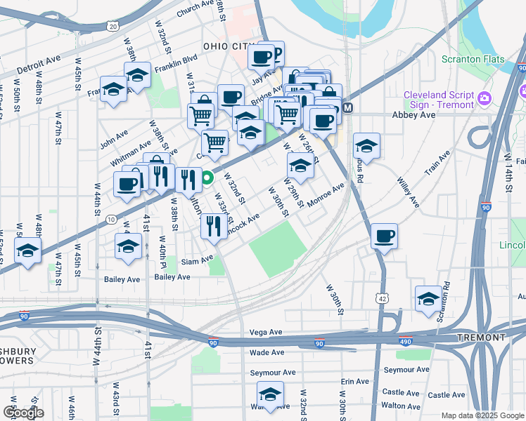 map of restaurants, bars, coffee shops, grocery stores, and more near 2217 West 32nd Street in Cleveland