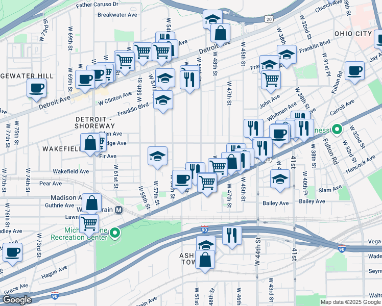 map of restaurants, bars, coffee shops, grocery stores, and more near 1924 West 50th Street in Cleveland