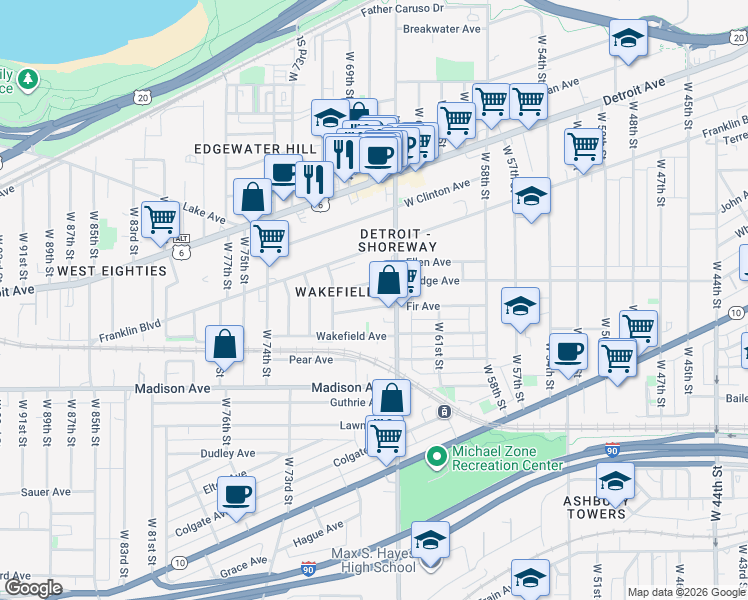 map of restaurants, bars, coffee shops, grocery stores, and more near 1912 West 65th Street in Cleveland