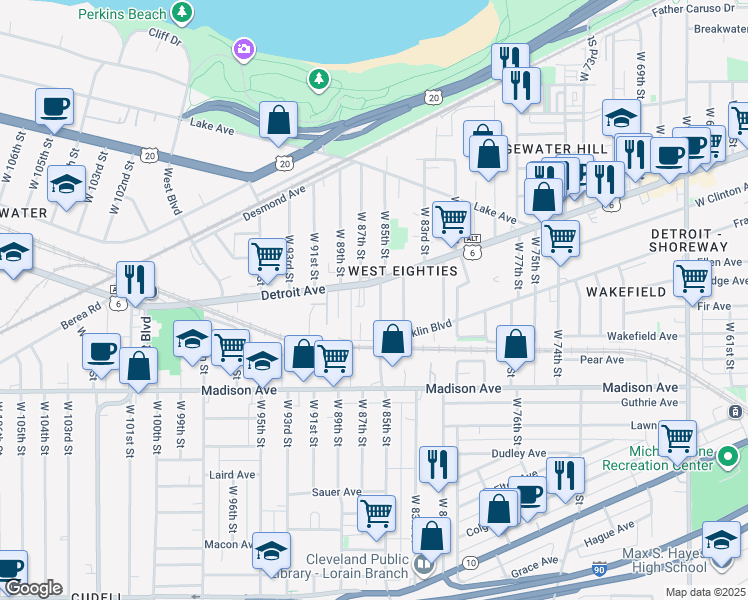 map of restaurants, bars, coffee shops, grocery stores, and more near 8610 Franklin Boulevard in Cleveland