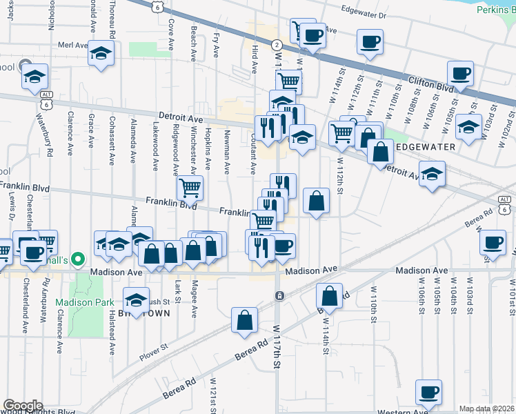 map of restaurants, bars, coffee shops, grocery stores, and more near 11716 Franklin Boulevard in Lakewood