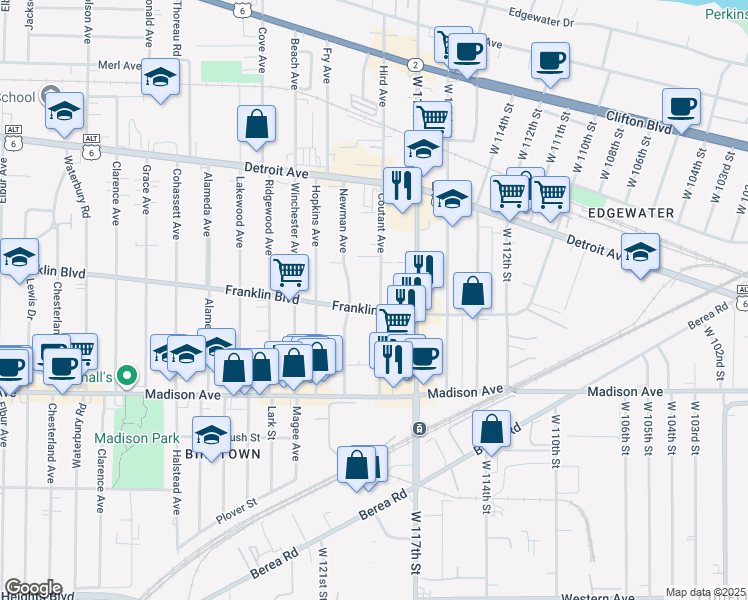 map of restaurants, bars, coffee shops, grocery stores, and more near 11815 Franklin Boulevard in Lakewood