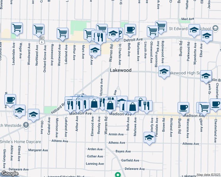 map of restaurants, bars, coffee shops, grocery stores, and more near 1604 Onondaga Avenue in Lakewood