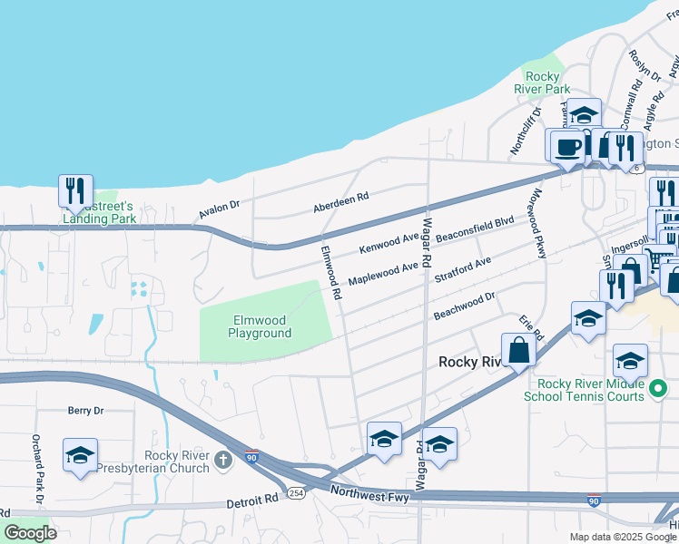 map of restaurants, bars, coffee shops, grocery stores, and more near 616 Elmwood Road in Rocky River