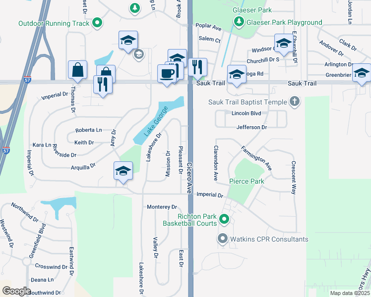 map of restaurants, bars, coffee shops, grocery stores, and more near 22549 Pleasant Drive in Richton Park