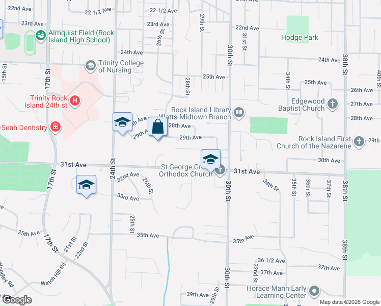 map of restaurants, bars, coffee shops, grocery stores, and more near 2715 31st Avenue in Rock Island