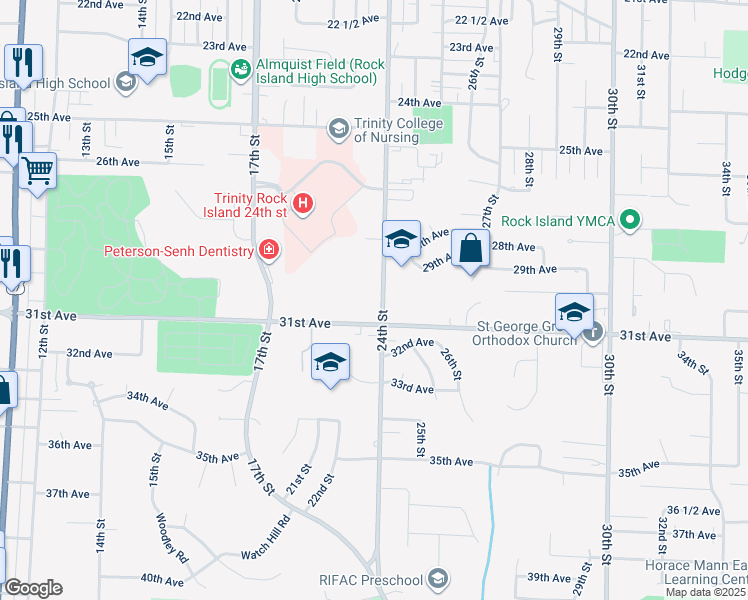 map of restaurants, bars, coffee shops, grocery stores, and more near 2502 29th Avenue in Rock Island
