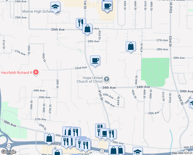 map of restaurants, bars, coffee shops, grocery stores, and more near 3302 41st Street in Moline