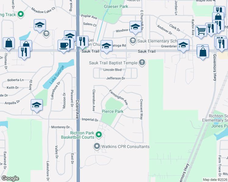 map of restaurants, bars, coffee shops, grocery stores, and more near 4539 Farmington Avenue in Richton Park