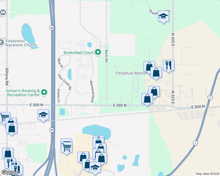 map of restaurants, bars, coffee shops, grocery stores, and more near 412-1266 Bartz Rd in Valparaiso