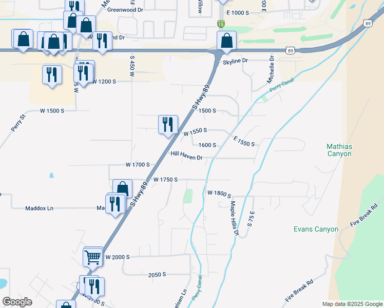 map of restaurants, bars, coffee shops, grocery stores, and more near 140 Hill Haven Drive in Brigham City