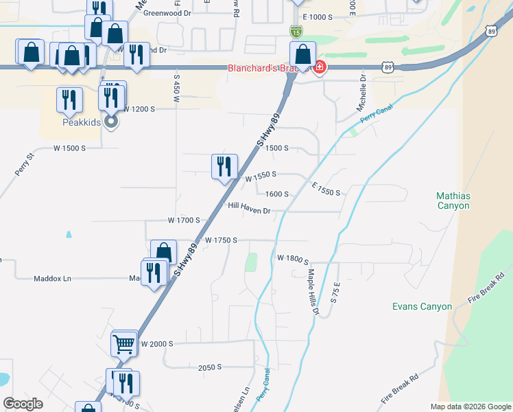 map of restaurants, bars, coffee shops, grocery stores, and more near 140 Hill Haven Drive in Brigham City